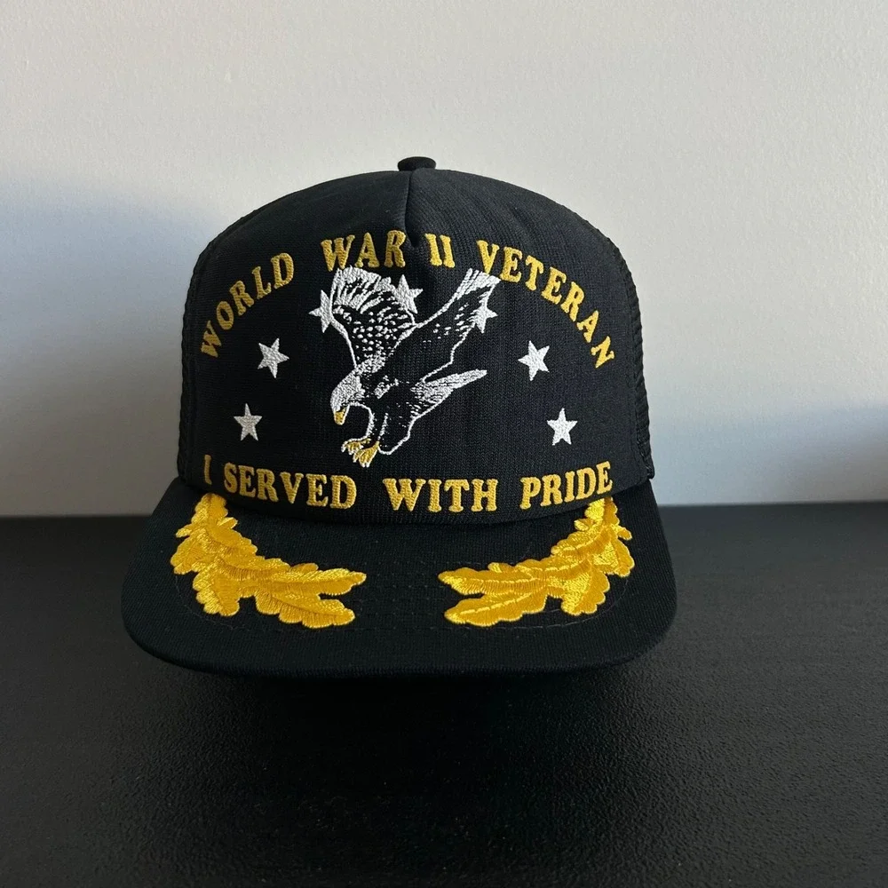 Vintage 80s WWII Veteran Trucker Hat Cap Snap Back Adjustable Black Military USA